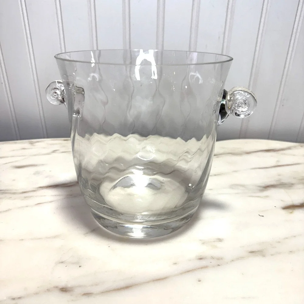 Vintage Crystal Ice Bucket with Shell Detail Handles, Wavy Optic Pattern